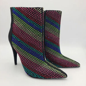 JustFab Black Rainbow Rhinestone Embellished Pointed Toe Stiletto Boots 8